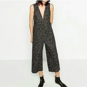 Zara Woman Black & Gray Textured Tweed Wide Leg Jumpsuit Size Medium